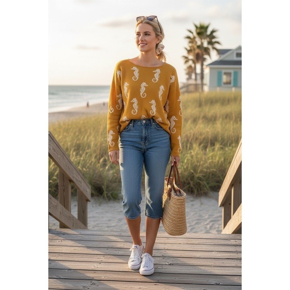 Workshop Republic Sweater Womens Small Mustard Seahorse Intarsia Knit Pullover